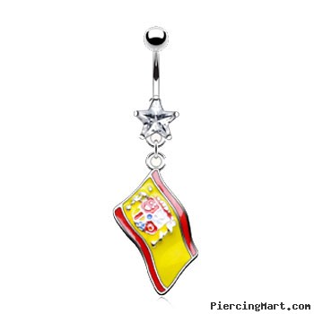 Belly button ring with dangling Spanish flag
