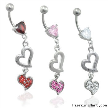 Jeweled heart belly ring dangling double hearts