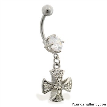 Navel ring with dangling jeweled celtic cross