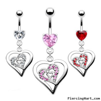 Jeweled heart belly ring with dangling triple heart