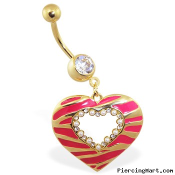Gold Tone navel ring with large dangling jeweled striped heart