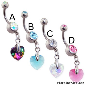Double jeweled navel ring with dangling colorful crystal prism heart