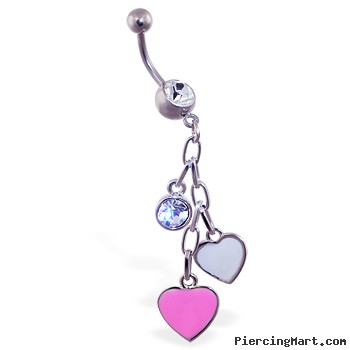 Jeweled navel ring with dangling heart and gem charms
