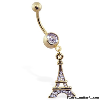 Gold Tone navel ring with dangling Eiffel towel