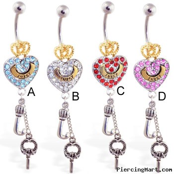 Jeweled gold-plated crown and heart navel ring with dangling letter J and key