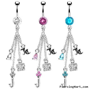 Jeweled navel ring with dangling chains and charms