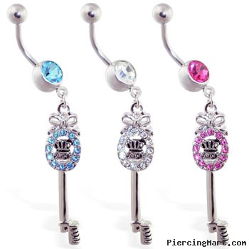 Navel ring with dangling jeweled "Juicy" key