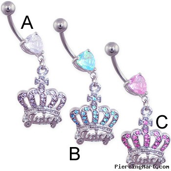 Jeweled heart navel ring with dangling jeweled crown with "Juicy"