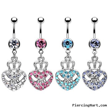 Navel ring with dangling jeweled crown heart with "JUICY"