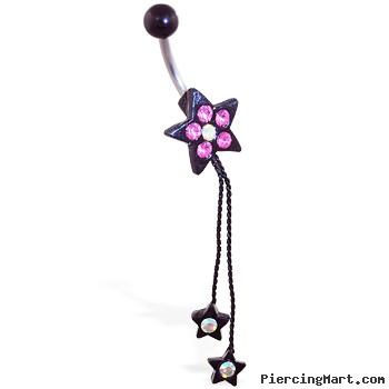 Black coated jeweled star navel ring with dangling stars on chains