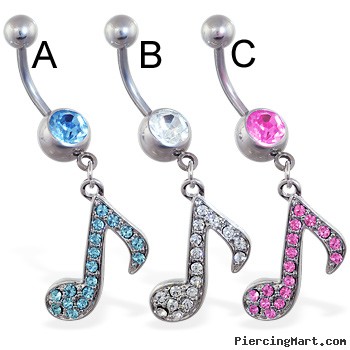 Navel ring with dangling jeweled music note