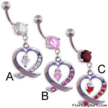 Jeweled navel ring with heart dangle