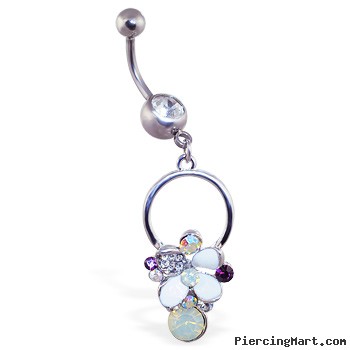 Jeweled belly ring with dangling jeweled multi-colored flower on circle