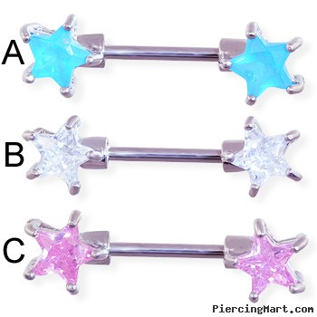 Straight barbell nipple ring with jeweled star front-facing ends