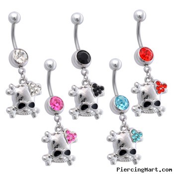 Jeweled Navel Ring with Dangling Skull with Jeweled Heart