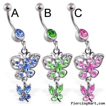 Jeweled navel ring with dangling jeweled butterflies