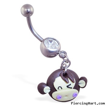 Jeweled Navel Ring with Dangling Winking Monkey Head