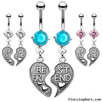 Pair of "Best Friend" heart charm pendant belly rings