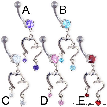 Navel ring with double heart dangle and gems