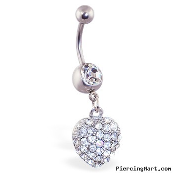 Jeweled navel ring with dangling paved heart