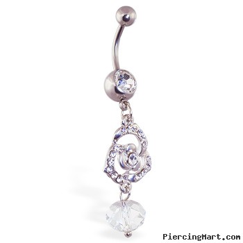 Navel ring with dangling rose and stone