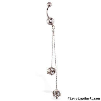 Navel ring with dangling crystal balls on chains