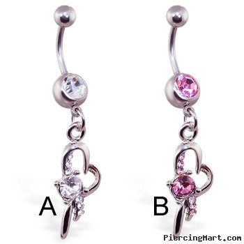 Navel ring with dangling twisty heart and gem