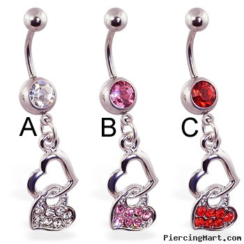 Jeweled navel ring with double heart dangle