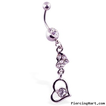 Navel ring with jeweled double heart dangle