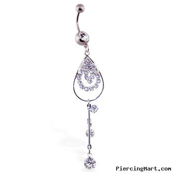 Jeweled navel ring with long jeweled teardrop dangle