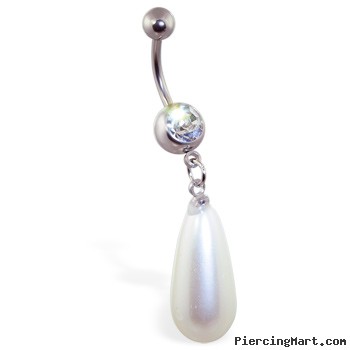 Jeweled Navel Ring with Large Dangling Teardrop Pearl