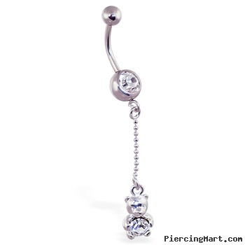 Navel ring with dangling jeweled teddy bear on chain