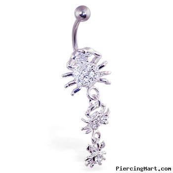 Navel ring with dangling jeweled crabs