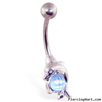 Dolphin belly ring with cabochon gem