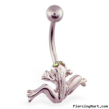 Leaping frog belly ring with jeweled green eyes