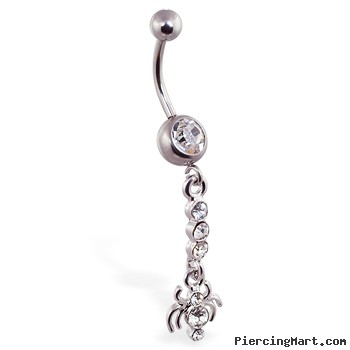 Navel ring with dangling jeweled spider on chain