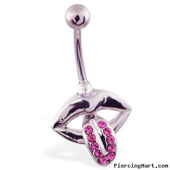 Lips belly ring with pink jeweled tongue dangle