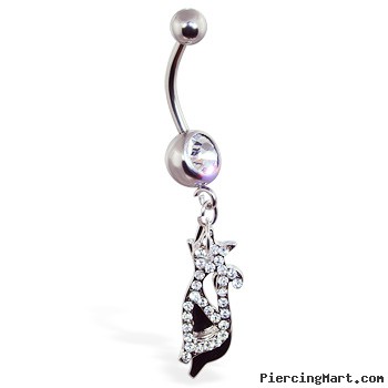 Navel ring with dangling jeweled cat and steel cat back