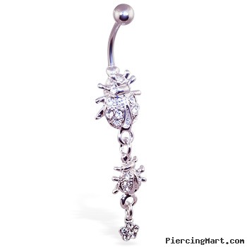 Navel ring with dangling jeweled ladybugs and flower