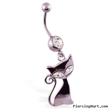 Navel ring with dangling jeweled steel cat