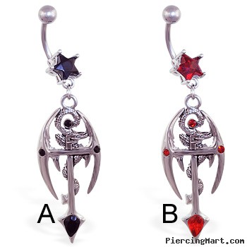 Jeweled star navel ring with dangling dragon and cross