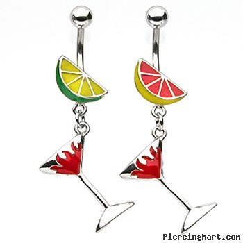 Fruit navel ring with dangling flaming martini glass