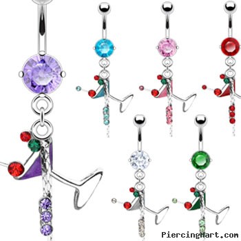 Jeweled belly ring with dangling martini glass and jeweled chain