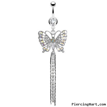 Navel ring with dangling jeweled butterfly with chain dangles