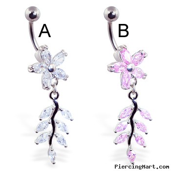 Flower belly ring with dangling jeweled vine