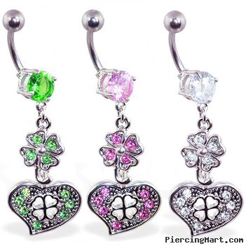 Navel ring with dangling jeweled clover and heart