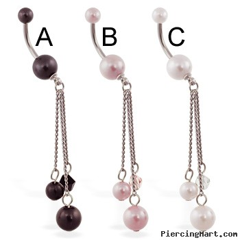 Double Pearl Belly Ring with Pearl Dangle