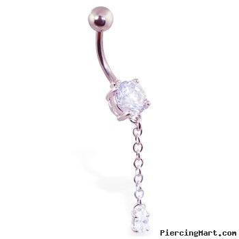 Jeweled navel ring with dangling solitaire gem