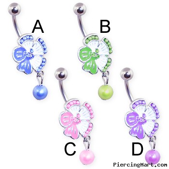 Jeweled flower belly ring with dangling pearl