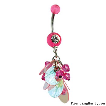Pink jeweled navel ring with pink bead and jeweled dangle
